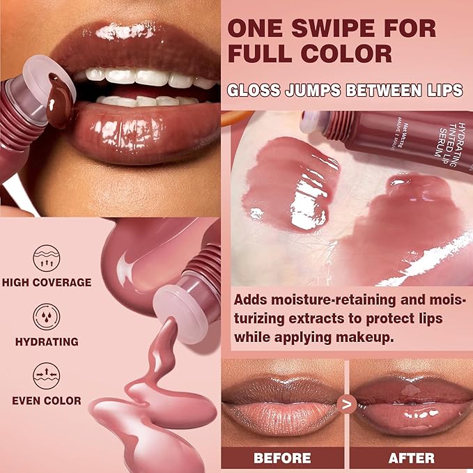 Tinted Lip Serum Gloss – Hydrating Lip Plumper with Natural Shine, Nourishing Hydration with Polypeptide Non-Sticky, Long-Lasting Color, Moisturizing Lip Makeup (6Pcs)