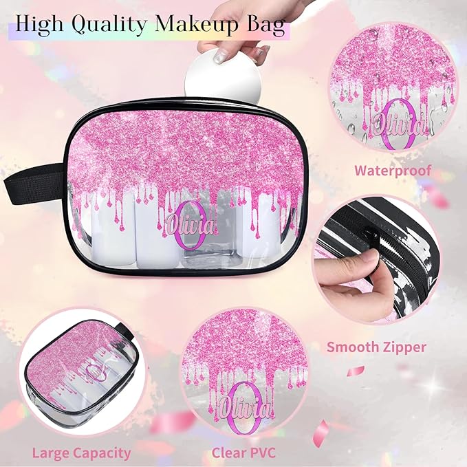 Custom Travel Toiletry Bag for Women, Clear PVC Large Makeup Bag, Cosmetic Bag, Comestic Essentials for Women, Light Pink Curtain Glittering