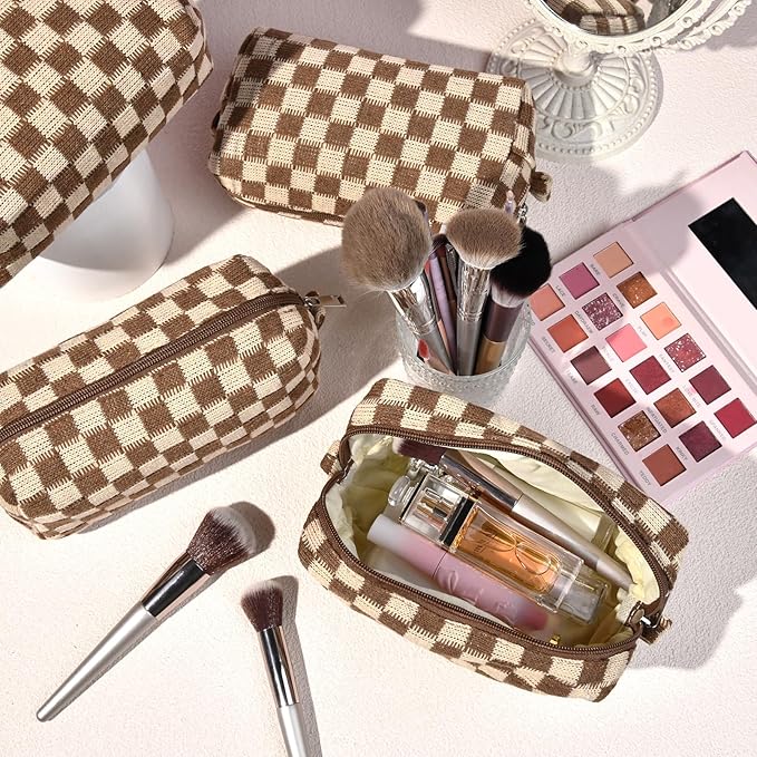 SOIDRAM Checkered Makeup Bag Preppy Cosmetic Bag Bulk Brown Makeup Pouch Personalize Travel Toiletry Bag Organizer Cute DIY Makeup Brushes Storage Bag for Women