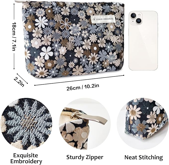 STARDW Aesthetic Floral Makeup Bag Cute Small Cosmetic Bags for Women Girls, Travel Toiletry Bag Large Capacity Zipper Makeup Pouch, Purse Organizer Pouches