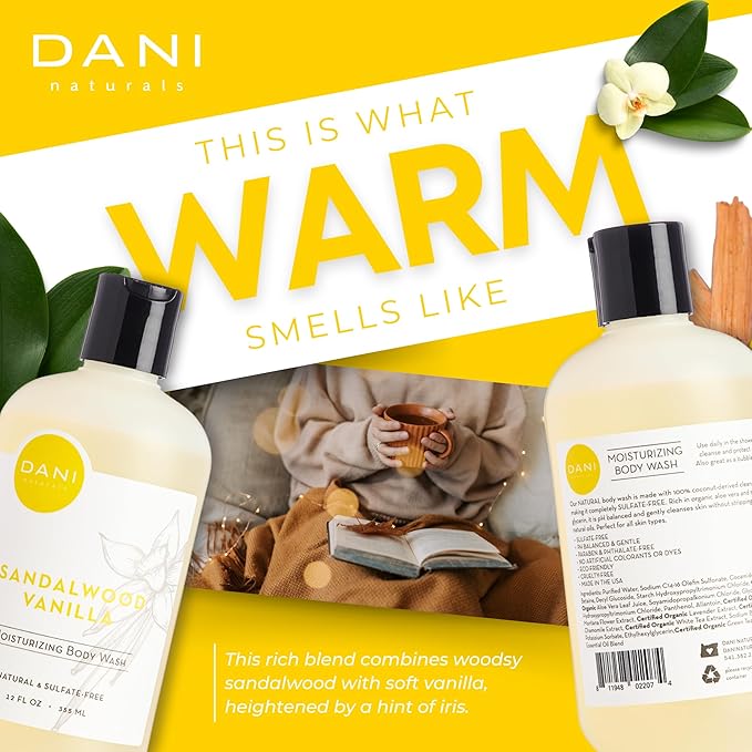 DANI Naturals Body Wash - Warm Sandalwood Vanilla Scent with Organic Aloe Vera & Natural Glycerin - Sulfate & Paraben-Free Shower Gel - For Men & Women - 12 oz - Vegan & Cruelty-Free