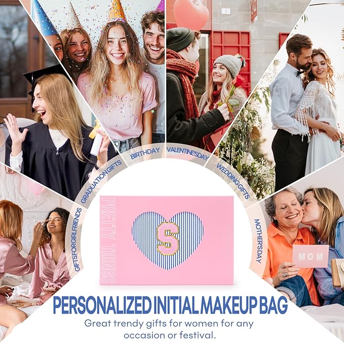 mibasies 2 PCS Initial Makeup Bags for Women: - Birthday Gifts for Teen Girls 11 12 13 14 15 16 Years Old - Preppy Trendy Stuff - Cosmetic Bag for Travel Toiletry - Blue S