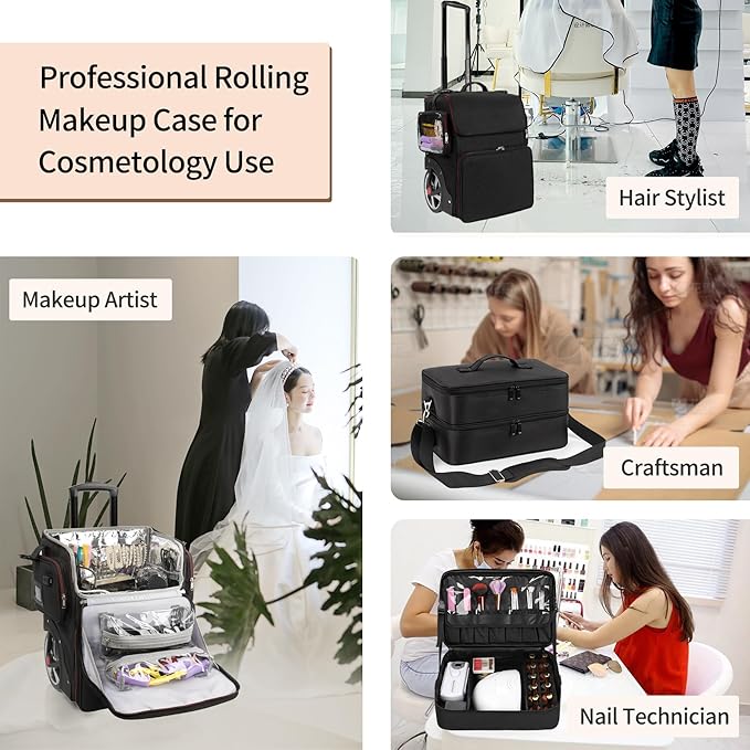 Large Makeup Train Case with Makeup Travel Bag and 4 Clear Makeup Bags for Hairstylist, Hairdresser Bag with Detachable Pouch,Heat Insulation Anti-scalding for Hairdressing Organizer Big wheels