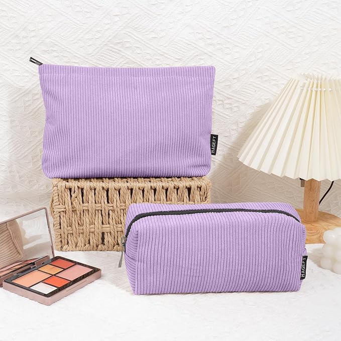 MAGEFY Small Makeup Bag 2 PCS Corduroy Make up Bag for Purse Large Capacity Travel Cosmetic Bag for Women Zipper Makeup Pouch for Travelling Preppy Stuff - Purple