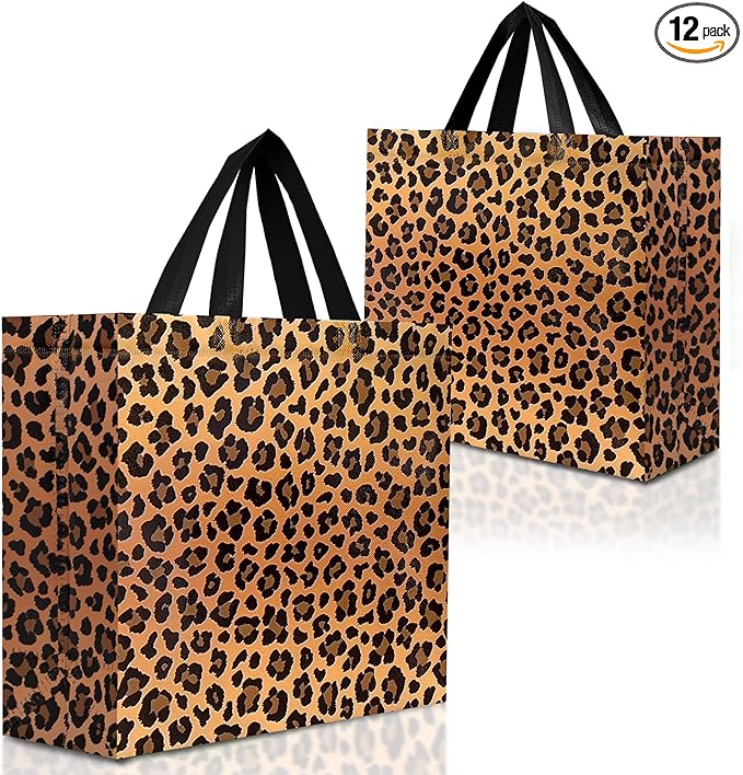 Nush Nush Large Brown Leopard Gift Bags – Set of 12 Reusable Cheetah Gift Bags With Handles - Large Goody Bag for Women, Jungle Safari Themed Party, Birthday Party Favors, Girl Parties - 11x5x13