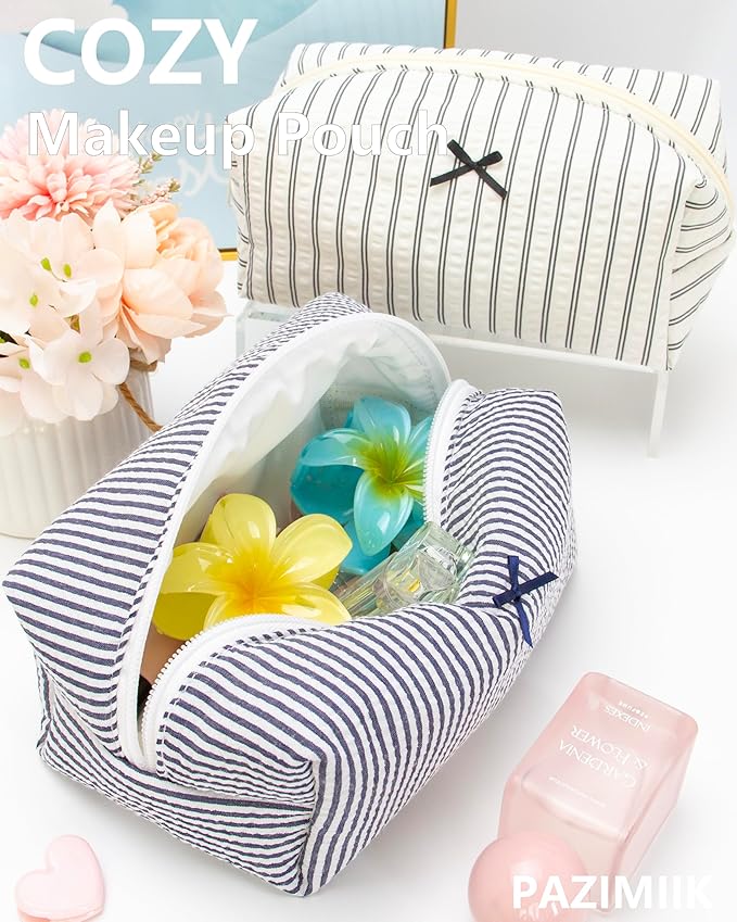 PAZIMIIK Cozy Makeup Bag Small Aesthetic Travel Zipper Cosmetic Pouch for Women Make Up Beauty Accessories Brushes, Stripe Navy Blue