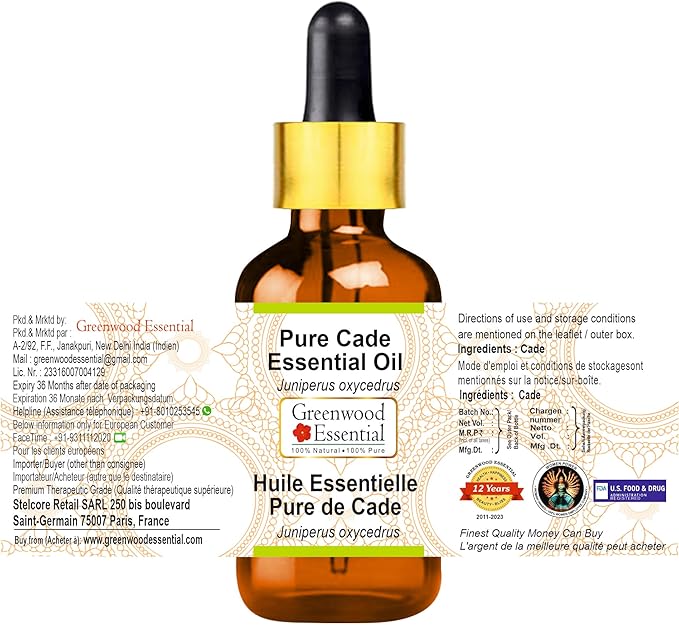 Greenwood Essential Pure Cade Essential Oil (Juniperus oxycedrus) Steam Distilled (15ml (0.50 oz) with Glass Dropper)