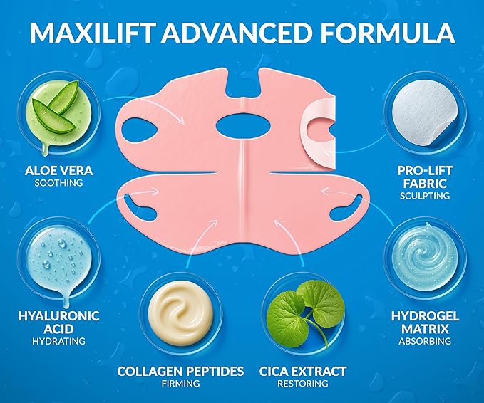 Stylia MaxiLift V-Line Lifting Collagen Face Mask - Advanced Double Chin Reducer - Jawline Shaper - Neck Firming and Tightening Mask with Hyaluronic Acid & Aloe Vera - Chin Strap for Sleeping (5PC)