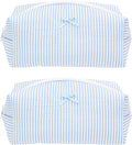 PAZIMIIK 2PCS Cozy Makeup Bag Travel Cosmetic Bag for Women Soft Toiletry Bag Aesthetic Makeup Organizer Portable Large Zipper Pouch for Skincare Beauty Accessories Brushes Stripe Blue