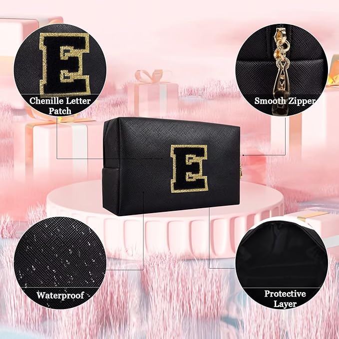 Small Personalized Letter Makeup Bag, Cute PU Leather Chenille Letters Cosmetic Bag Travel Makeup Pouch, Preppy Travel Organizer Zipper Pouch for Women&Girls（Black-E）