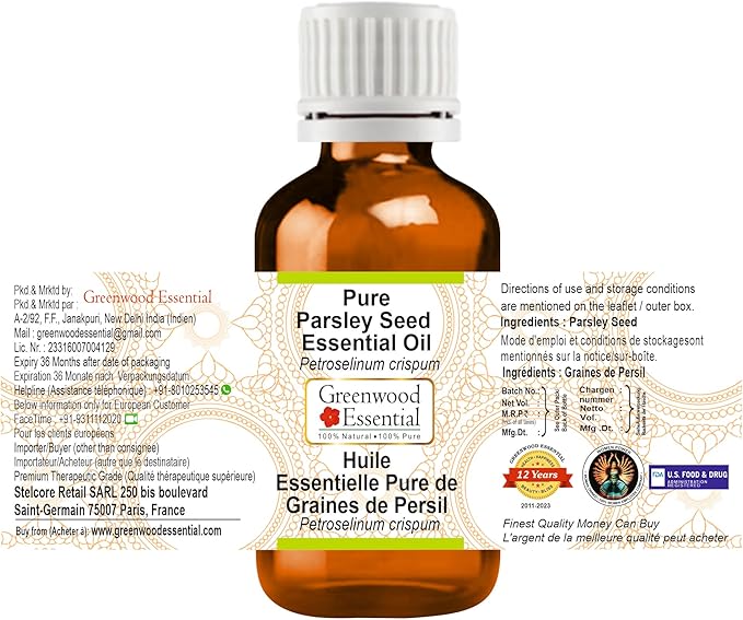Greenwood Essential Parsley Seed Essential Oil (Petroselinum crispum) Pure | Non-Sticky | Non-Greasy | Lightweight | Men & Women | All Skin Types | Steam Distilled 30ml (1 oz)