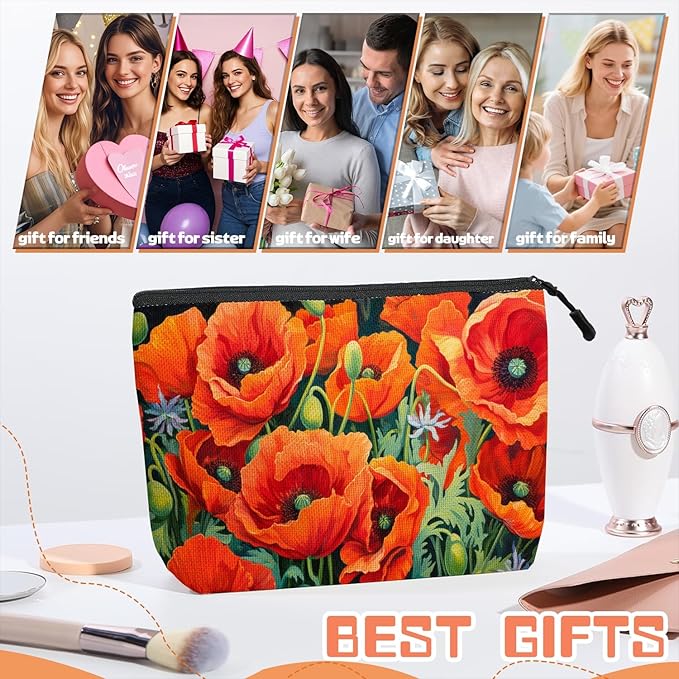 Cosmetic Bags Travel Makeup Toilet Case Waterproof Pouch for Women Girls 6.7X9.45inches - Vibrant Orange Poppies With Greenery
