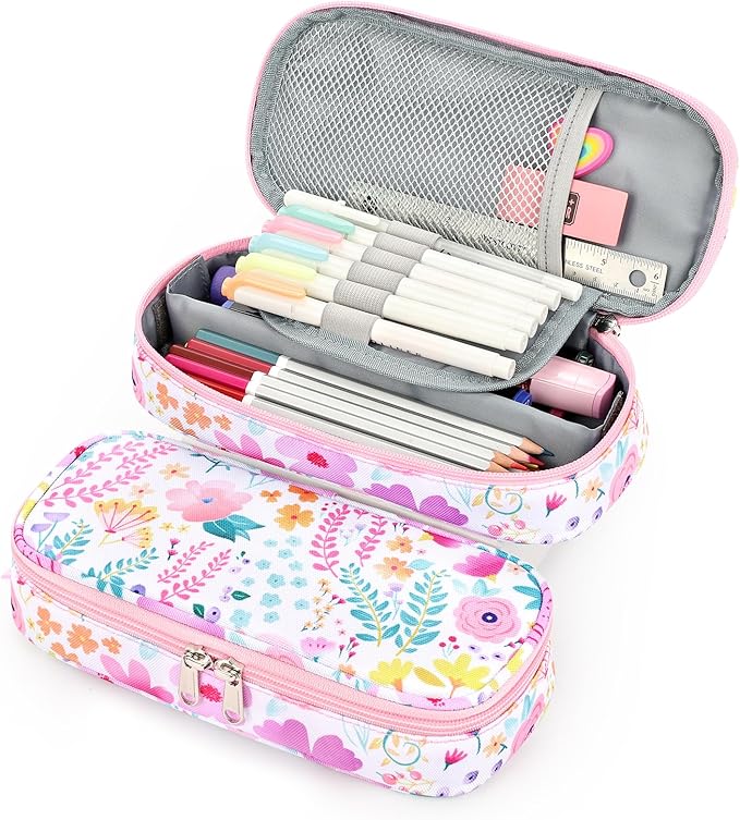 mibasies Girls Pencil Case for Kids, Multi-Slot Pencil Pouch, Flower Pink White