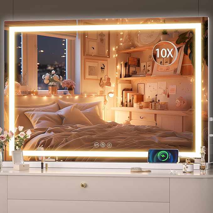 Hasipu Vanity Mirror with Lights, 37" x 26" LED Makeup Mirror, Lighted Makeup Mirror with Dimmable 3 Modes, Touch Screen Control Vanity Mirror Square White