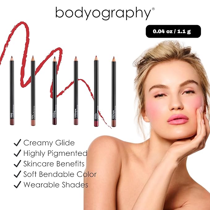 Bodyography Rosewood Lip Pencil | Wooden Lip Liner Pencil with Coconut Oil, Vitamin E & C | Long-Lasting, Matte Liner for Definition & Color | Makeup Essential for Smooth Lip Contour