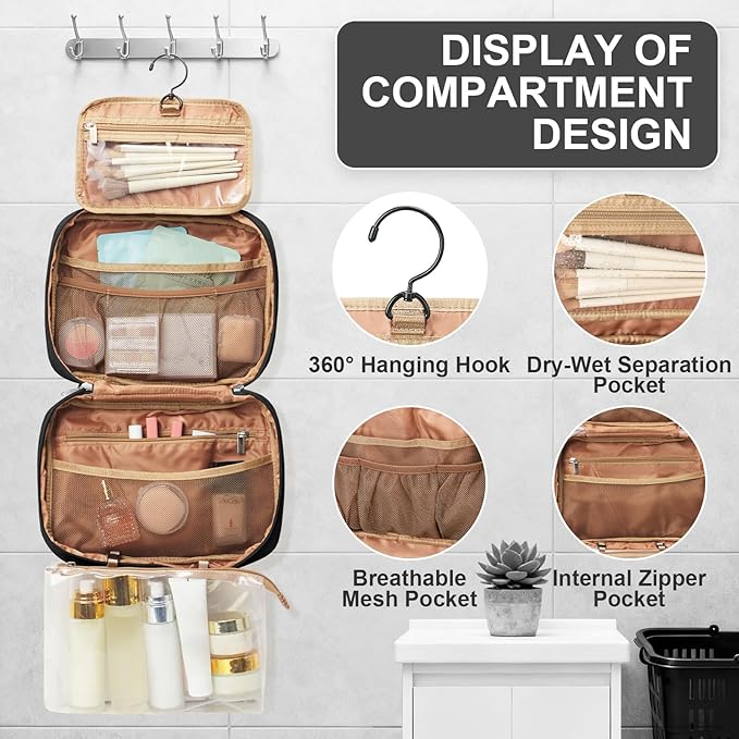 Travel Toiletry Bag For Women Small Hanging Toiletry Travel Makeup Bag lightweight Water-Resistant Toiletries Organizer case portable Cosmetic Bags For Women Black