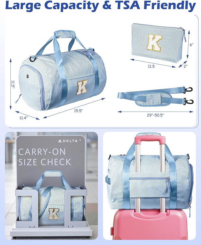 10 Year Old Girl Birthday Gifts, Girls Travel Duffle Bag, Kids Initial Overnight Bags with Shoe Compartment, Customized Weekender Bag with Makeup Pouch, Preppy Stuff for Teen (Letter C)