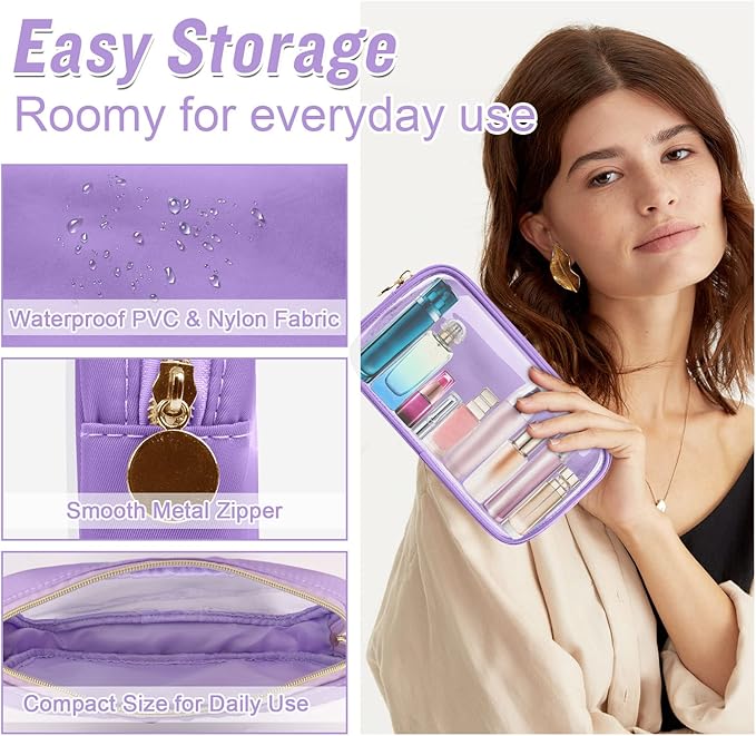 Small Clear Travel Makeup Organizer Bag for Purse, Cute Makeup Bag Preppy Cosmetic Zipper Pouch Purse, Transparent PVC & Nylon Waterproof Make Up Brush Bag Toiletry Storage for Women Girls(Purple)