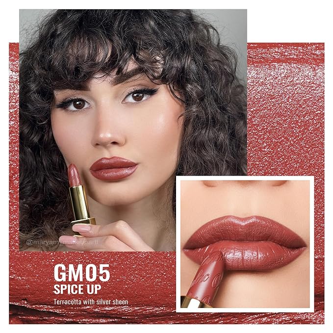 Oulac Matte Terracotta Lipstick with Glow Metallic Finish - Vegan Lipstick for Women, Creamy Texture, Hydrating Clean Beauty Formula, High-End Magnetic Hook Design, GM05 Spice up
