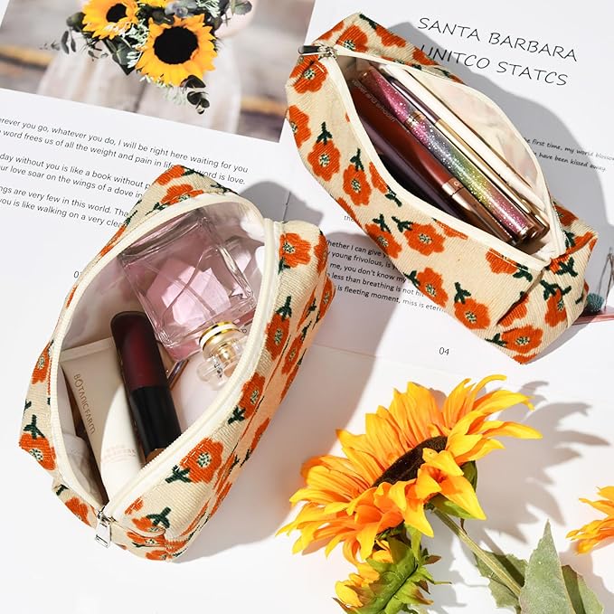 SOIDRAM Floral Cosmetic Bag, Large Capacity Makeup Pouch 1Pcs, Orange Flower