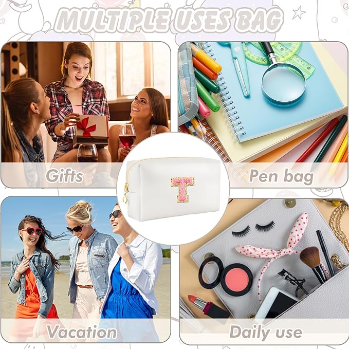 Initial Makeup Bag Personalized Preppy Travel Small Cosmetic Bag Cute PU White Chenille Letter Makeup Pouch for Purse Waterproof Zippered Toiletry Organizer for Women Girls Kids Friends (T)