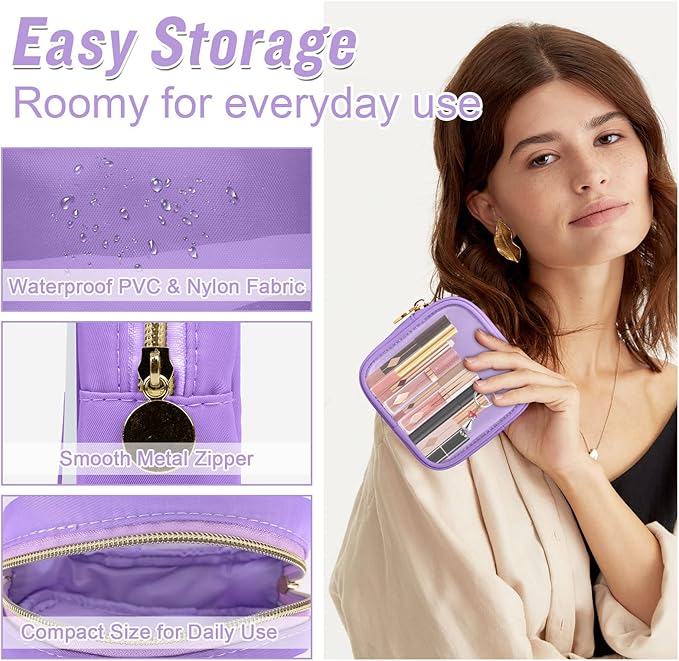 Mini Clear Travel Makeup Organizer Bag for Purse, Small Cute Makeup Bag Preppy Cosmetic Zipper Pouch Purse, Transparent PVC & Nylon Travel Coin Pouch Sanitary Napkin Storage Bag for Women Girl(Purple)