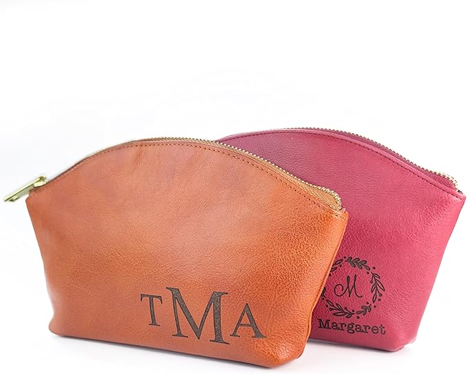 Personalized Makeup Bag • Genuine Leather Custom Cosmetic Bag • Mini Bag for Purse • Leather Make Up Pouch • Custom Toiletry Bag • Customized Bag with Name or Initials • Makeup Accessories for Women