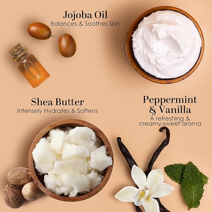Peppermint Vanilla Body Butter - Natural Lotion for Women with Shea Butter & Jojoba Oil - Non-Greasy Whipped Body Lotion for Dry Skin - Vanilla Scented Peppermint Body Lotion