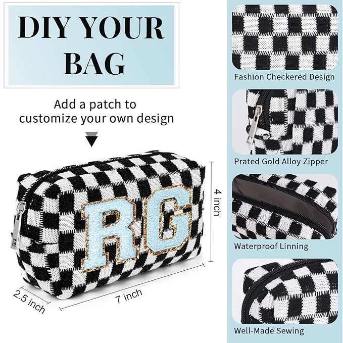 SOIDRAM 6 Pcs Checkered Makeup Bag Preppy Cosmetic Bag Bulk Pink Black Makeup Pouch Personalize Travel Toiletry Bag Organizer Cute DIY Makeup Brushes Storage Bag for Women