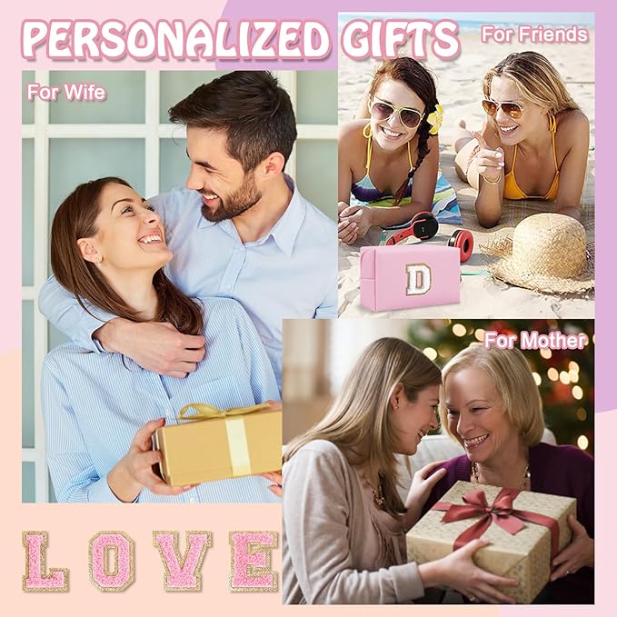 Personalized Chenille Letter Preppy Makeup Bag, Mini Cute Pink Travel Cosmetic Bag Initial Toiletry Zipper Pouch Makeup Storage, Waterproof Makeup Case Travel Essentials for Women Female (Letter D)