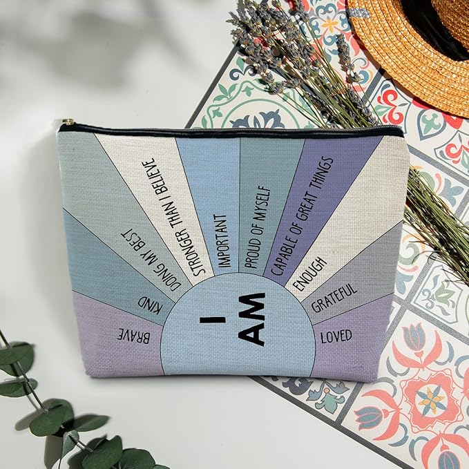 Blue Inspirational Gifts Makeup Bag, I Am Affirmation Positive Gifts Cosmetic Bag Travel Toiletry Bag for Women, Boho Blue Sunshine I am Brave Kind Zipper Makeup Pouch