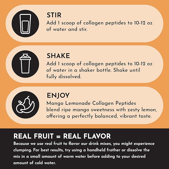 JUST INGREDIENTS Collagen Peptides – Mango Lemonade Drink Mix | 30 Servings | Bovine Collagen, Grape Seed & Pine Bark Extract | Supports Skin, Hair, Nails, Joints & Gut Health | No Sugar Added