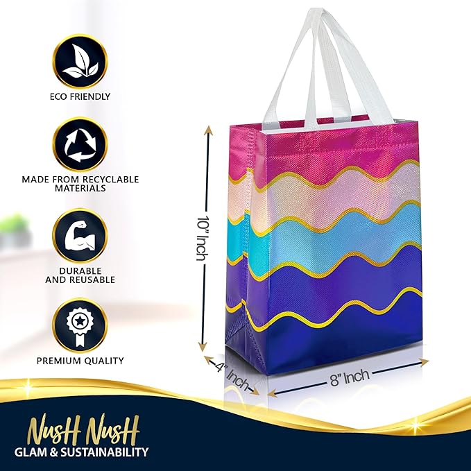 Nush Nush Gradient Gift Bags Medium Size – Set of 12 Reusable Gift Bags With Handles and Shiny Wave Pattern - Perfect As Goodie Bag for Birthday Party Favors, Kids, Holidays, Thanksgiving - 8x4x10
