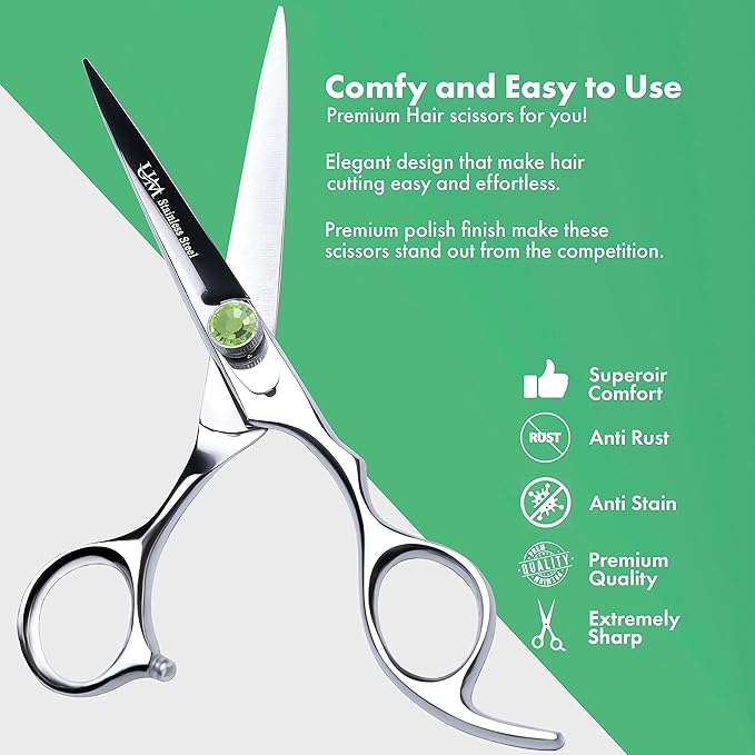 UM Supplies Scissors 6.5 | Premium Barber Shears For Hair Cutting | Multiple Purpose Cutting Scissors | Haircut Scissors For Salon I Women | Mens | kids I Pets | Silver-Green