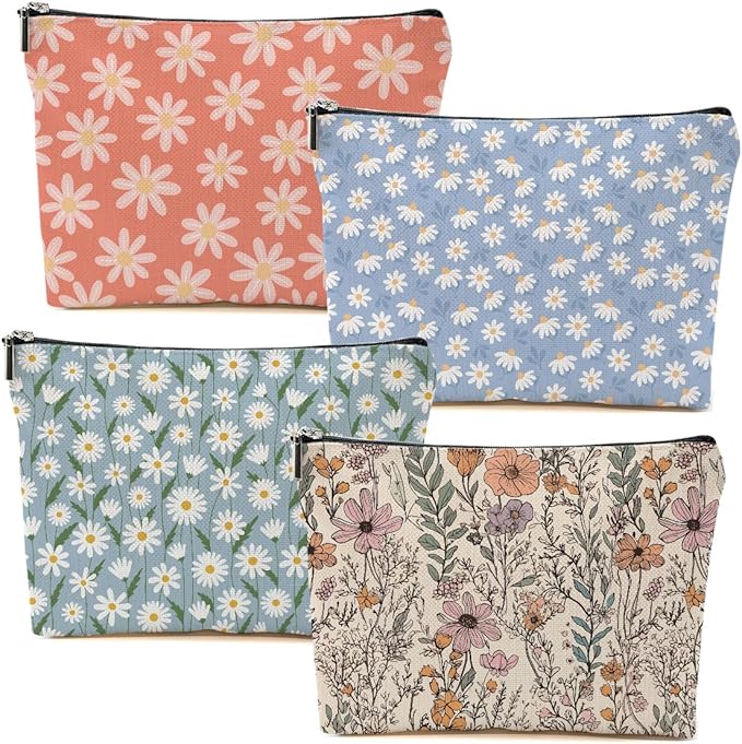 4pcs Secret Santa Gifts Vintage Floral Makeup Bag, Daisy Flower Cosmetic Bag Garden Gifts for Women Female Girls Sister BFF Nature Lover, Travel Zipper Pouch Christmas Thanksgiving Birthday Gifts