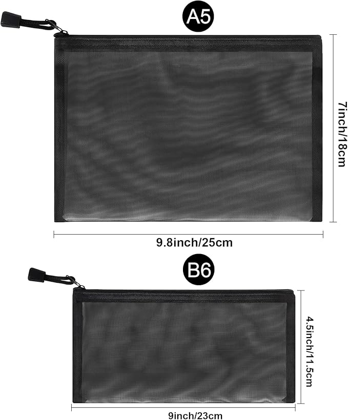 12 Pieces Zipper Nylon Mesh Pouch, Mesh Cosmetic Bags Makeup Bags Pencil Case, Multipurpose Travel Bags for Cosmetic School Office Supplies and Travel Accessories (Black, A5+B6)