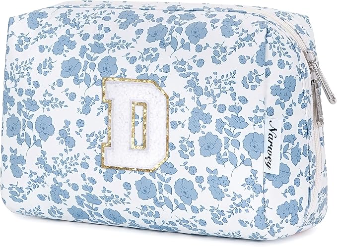 Narwey Birthday Gifts for Teen Girls Kids Women Personalized Initial Floral Makeup Bag Cute Cosmetic Trendy Stuff 6 8 10 11 12 13 14 16 18 Years Old Travel Toiletry Bag (Little Blue Flower D)