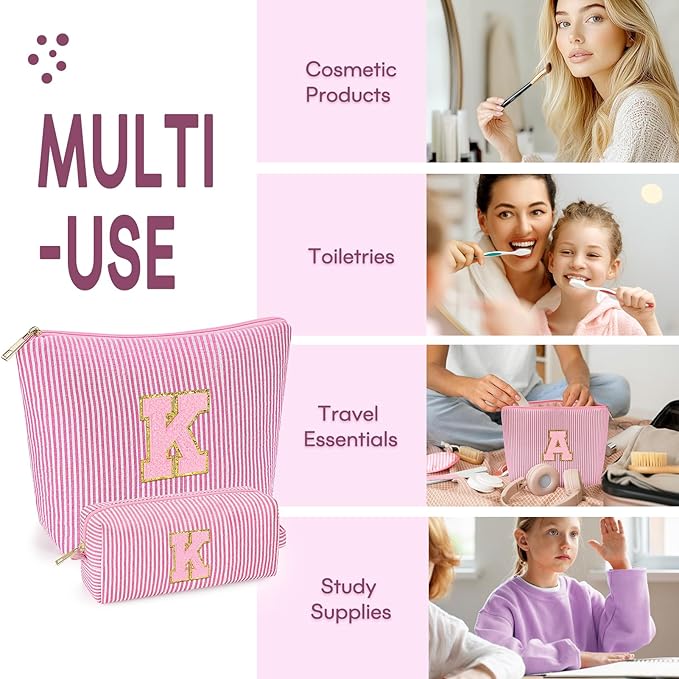 mibasies 2 PCS Initial Makeup Bags for Women: - Birthday Gifts for Teen Girls 11 12 13 14 15 16 Years Old - Preppy Trendy Stuff - Cosmetic Bag for Travel Toiletry - Pink K