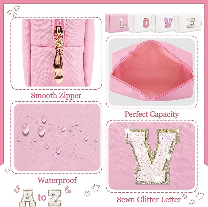 Personalized Initial Letter Patch Makeup Bag, Preppy Glitter Letter Makeup Organizer, Cute Monogrammed Pouch Cosmetic Bag PU Leather Waterproof Travel Toiletry Bag, Gift for Women Teen Girls