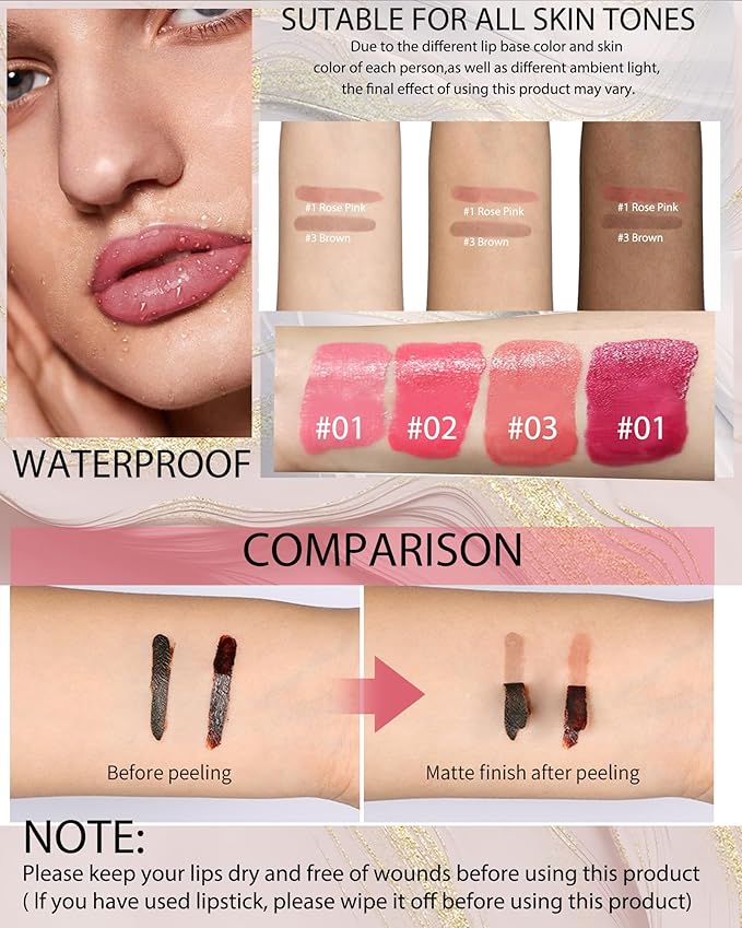 Peel Off Tattoo Lip Liner Stain Lip Gloss Combo Sets, 2 Colors Rose Pink Brown Matte Lip Liner and Nourishing Lip Gloss Tint Stain Kit, Long Lasting Waterproof Non Sticky Liquid Lipstick Makeup-Set 03