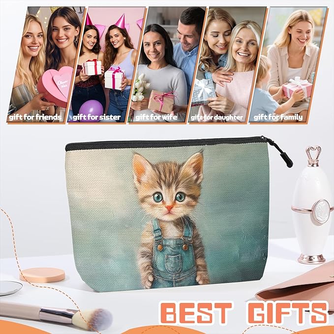 Cosmetic Bags Travel Makeup Toilet Case Waterproof Pouch for Women Girls 6.7X9.45inches - The Adorable Allure of A Kitten in Blue Overalls