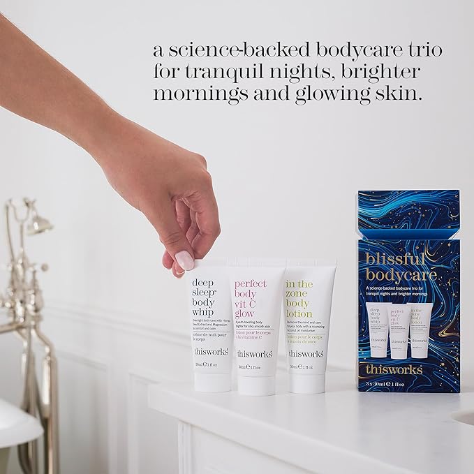 THISWORKS Blissful Bodycare Trio – Deep Sleep Body Whip, Perfect Body Vit C Glow, In The Zone Body Lotion (30ml each) – Travel-Size Moisturizers