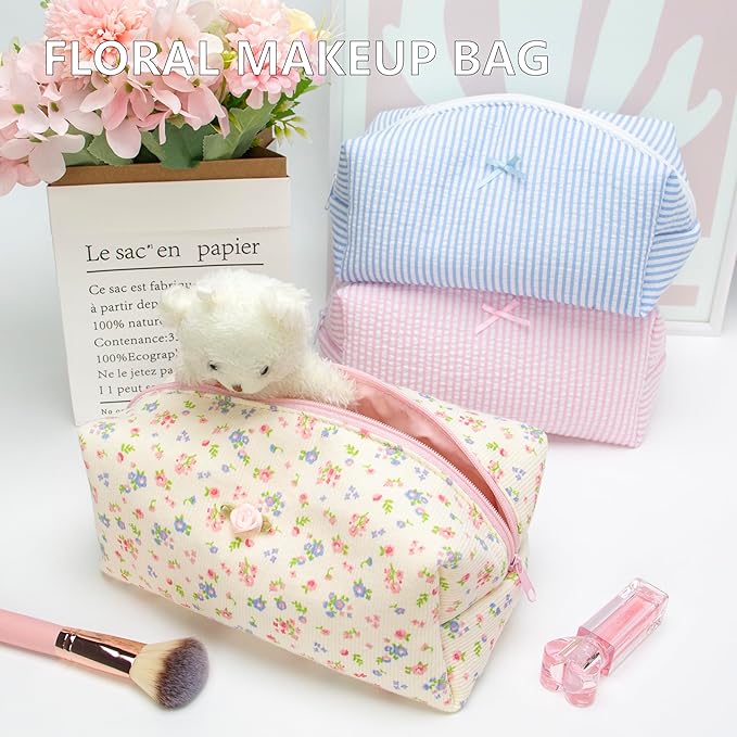 PAZIMIIK Cozy Makeup Bag Travel Cosmetic Bag for Women Soft Toiletry Bag Aesthetic Makeup Organizer Portable Large Zipper Pouch for Skincare Beauty Accessories Brushes Ribbing Floral Beige