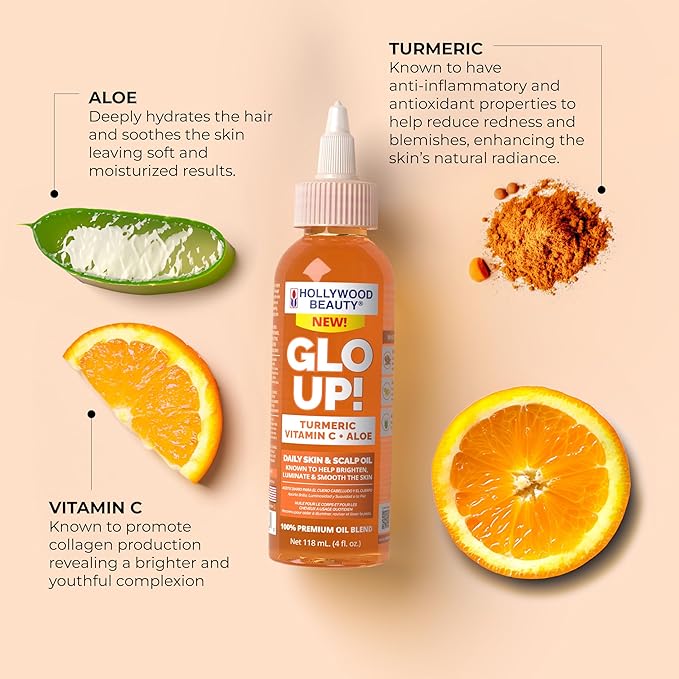 Hollywood Beauty Glo Up! Daily Skin & Scalp Oil to Brighten and Smooth with Turmeric, Vitamin C, and Aloe, 4 fl oz