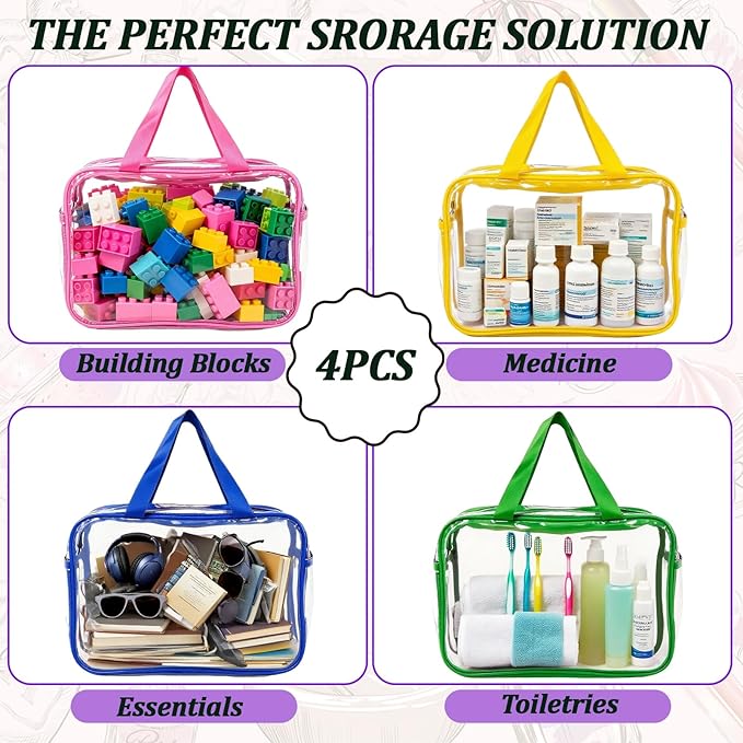 4 Packs Large Clear Toiletry Bag, Waterproof Clear Makeup Comestic Organizer Bags with Handle, Transparent Handbag with Zipper for Travel Airport Airline Vacation