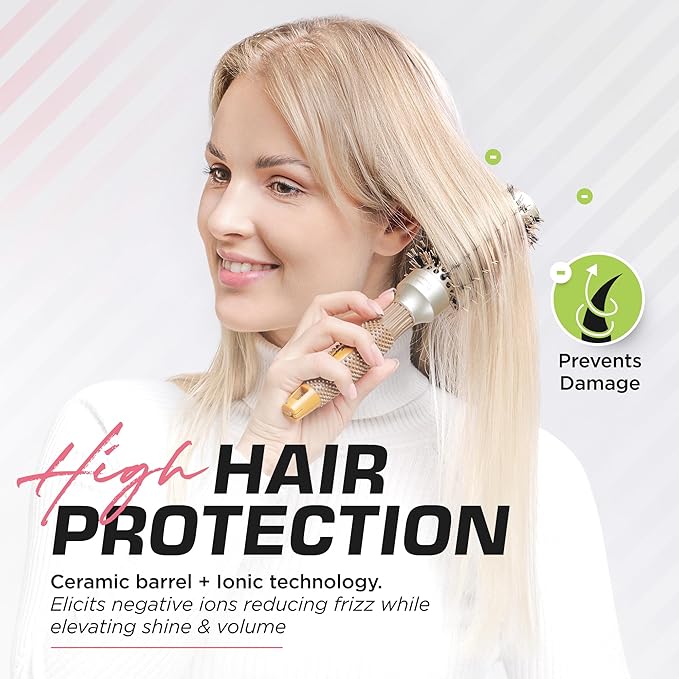 Fagaci Small Round Brush for Blow Drying with Natural Boar Bristle, Hair Styling, Drying, Healthy Hair and Add Volume, Ceramic Gold, Hair Brush + 4 Styling Clips