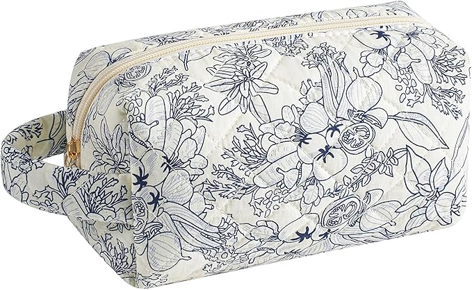 JOVAKIT Travel Makeup Bag Cosmetic Bag for Women, Christmas Gifts, Small Floral Flowers Coquette Toiletry Bag with Handle, Zipper Make Up Pouch Organizer Bag Trendy Stuff (Navy Blue Flower)