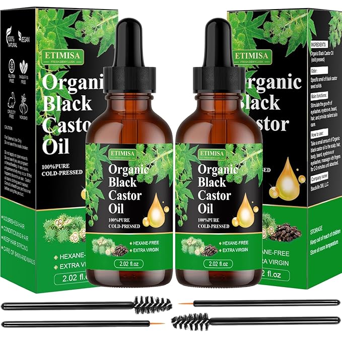 Hair Oil, Black Castor, 100% Pure Natural Organic, Cold Pressed, Hair Growth, Eyebrow & Skin Care, Body & Carrier Oil, 4.04 Fl Oz, 2 Glass Bottles