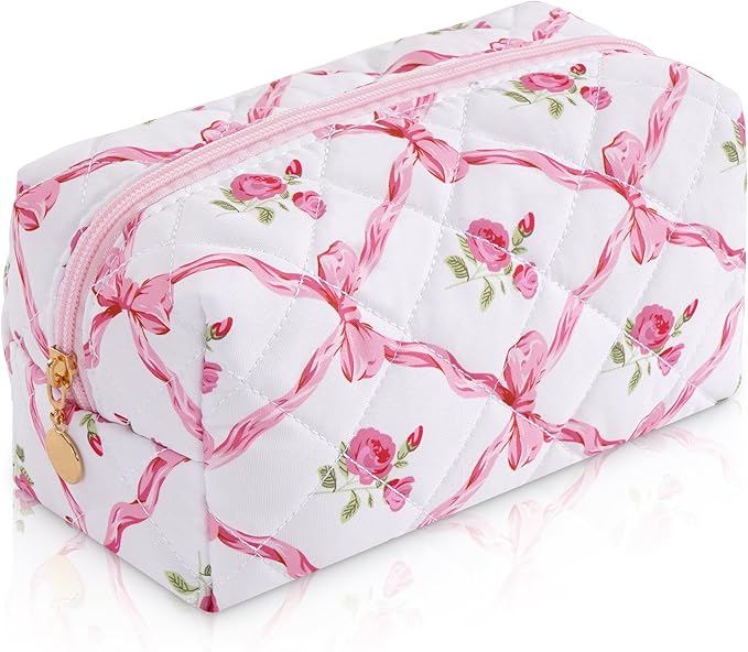 Makeup Bag Travel Toiletry Bag for Women, Small Cosmetic Bags Cute Quilted Cotton Makeup Pouch for Purse Emergency Bag for School Floral Pencil Case Accessory Bag, Bow and Floral