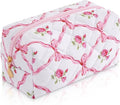 Makeup Bag Travel Toiletry Bag for Women, Small Cosmetic Bags Cute Quilted Cotton Makeup Pouch for Purse Emergency Bag for School Floral Pencil Case Accessory Bag, Bow and Floral